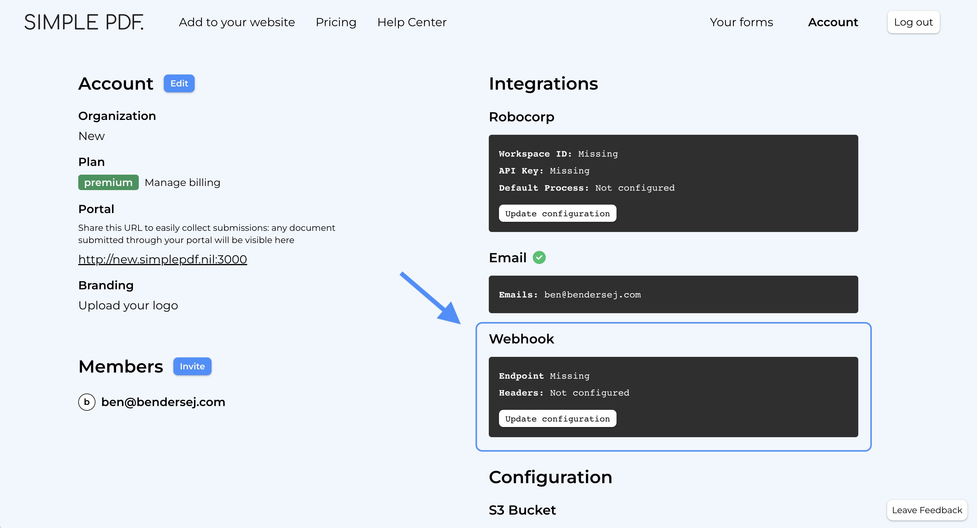 Configure webhooks in the account view