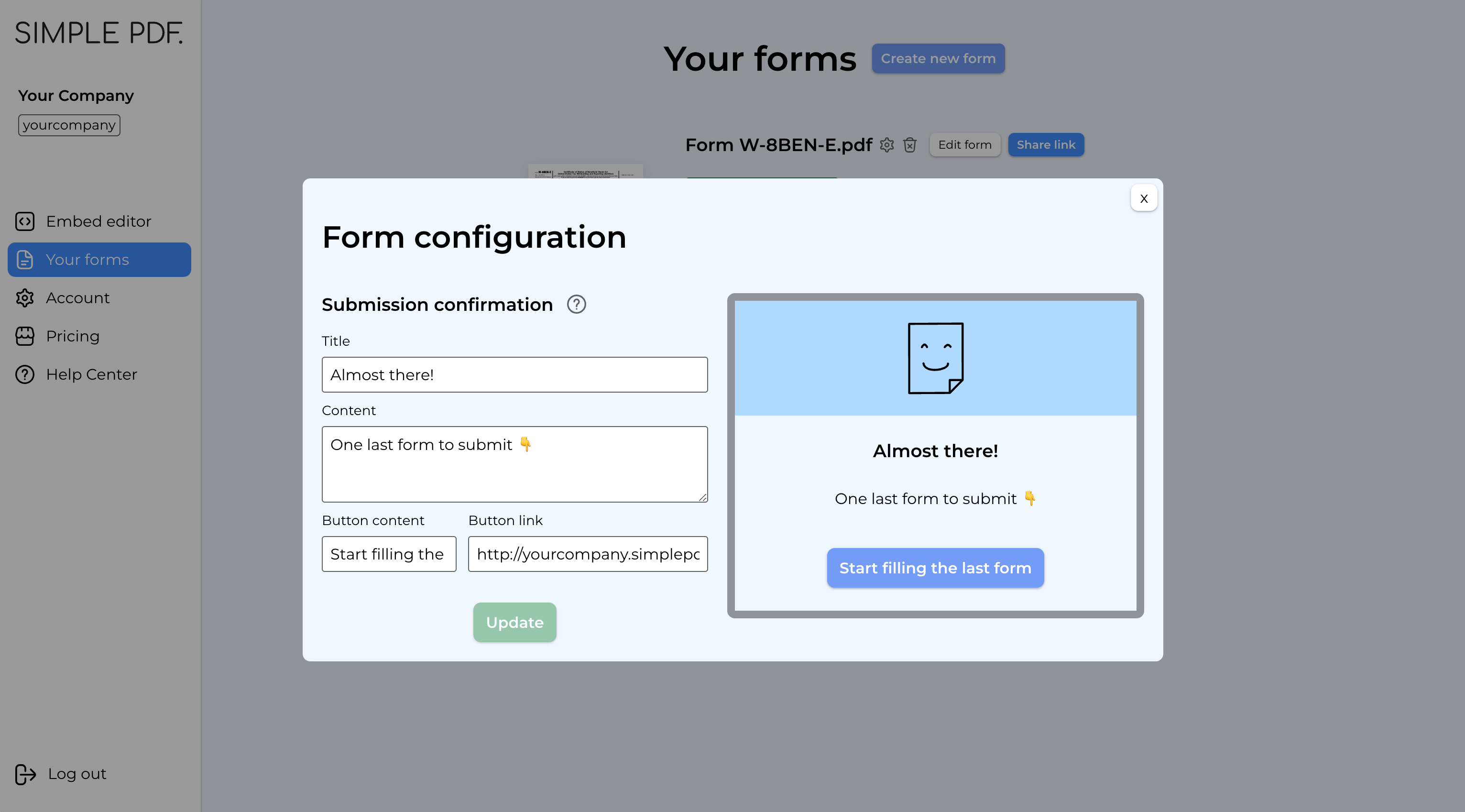 Submission confirmation configuration and preview